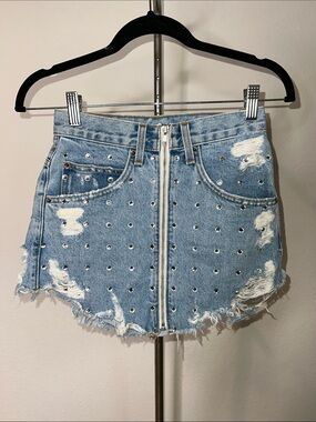 Carmar Studded Light Wash Distressed Denim Mini Skirt with Front Zip